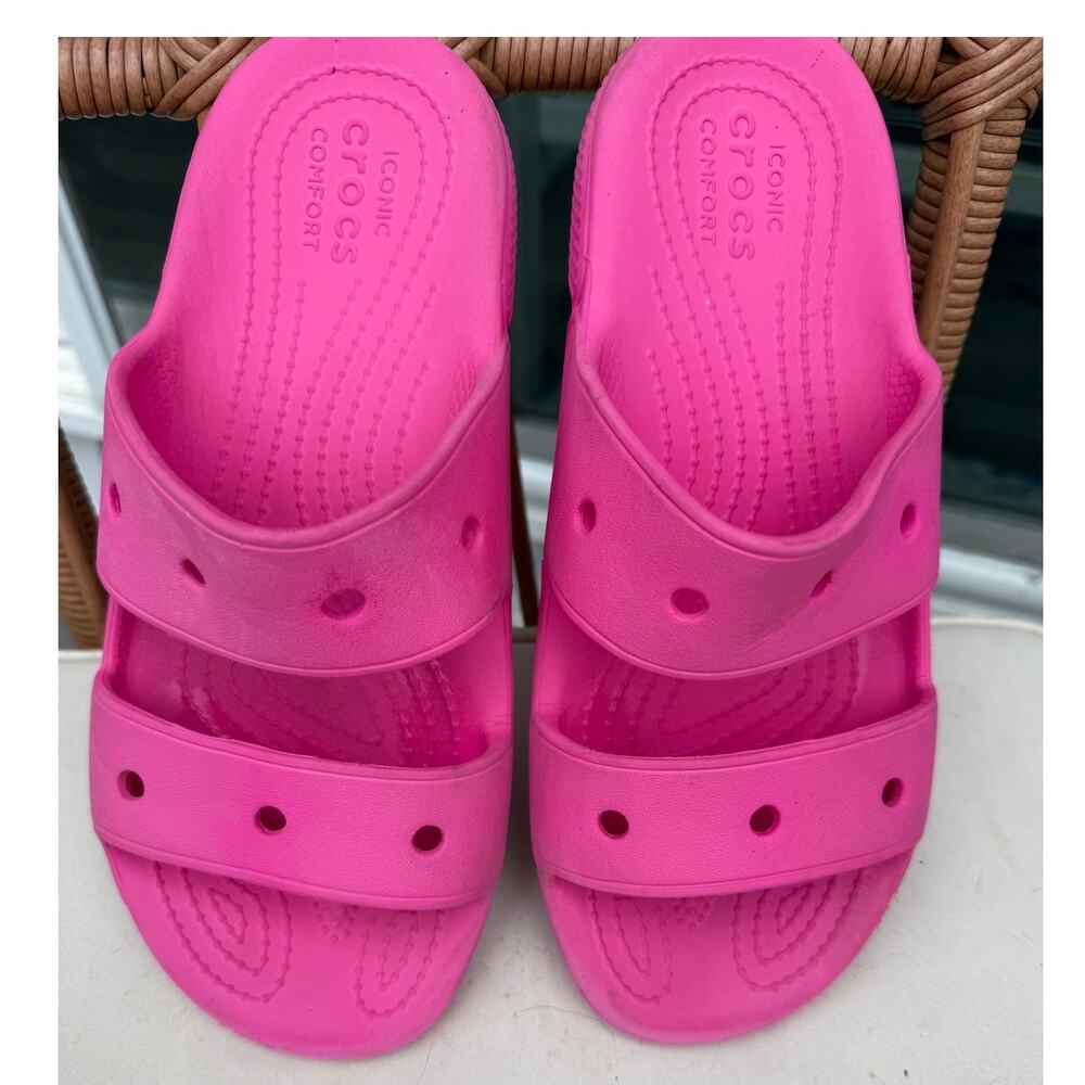 Crocs Cleo Hot Pink Double Strap Slide Sandals Womens Size 7 Comfort Shoes Beach